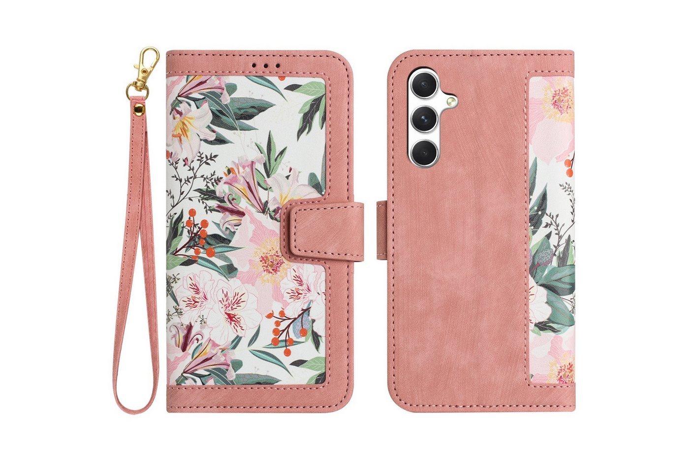 Wigento Smartphone-Hülle Für Samsung Galaxy A56 / A36 Kunstleder Wallet Blumen Tasche Case Rosa, Blumenmuster, Kartenfächer, Lanyard Wigento Smartphone-Hülle Für Samsung Galaxy A56 / A36 Kunstleder Wallet Blumen Tasche Case Rosa, Blumenmuster, Kartenfächer, Lanyard von Wigento