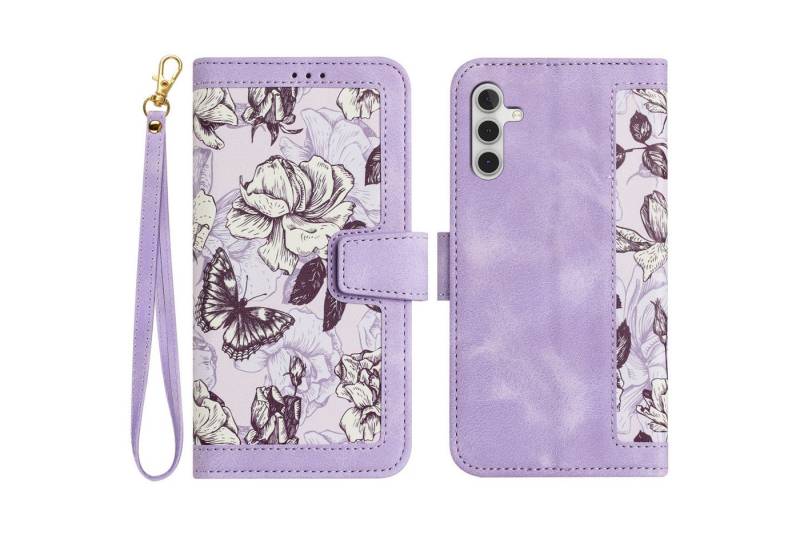 Wigento Smartphone-Hülle Für Samsung Galaxy S25 Kunstleder Book Wallet Blumen Tasche Hülle Lila, Blumenmuster, Kartenfächer, Lanyard von Wigento