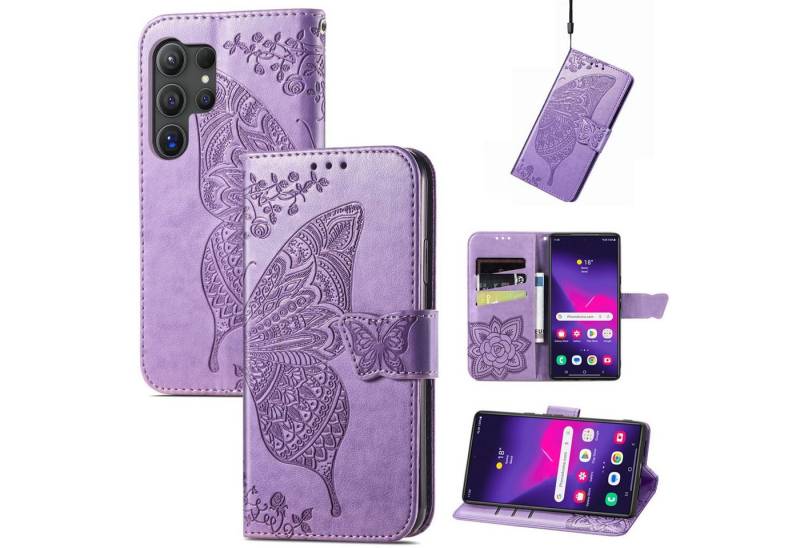Wigento Smartphone-Hülle Für Samsung Galaxy S25 Ultra Kunstleder Schmetterling Hülle Hell-Lila, Kunst-Leder Schutzhülle Smart Case Cover magnetischer Verschluss von Wigento