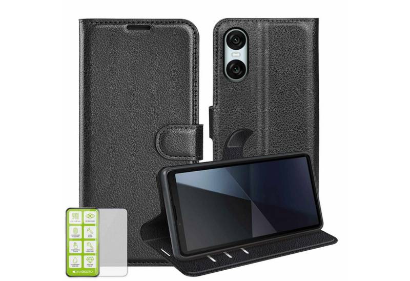 Wigento Smartphone-Hülle Für Sony Xperia 10 VI Kunst Leder Book Wallet Tasche Schwarz + H9 Glas von Wigento