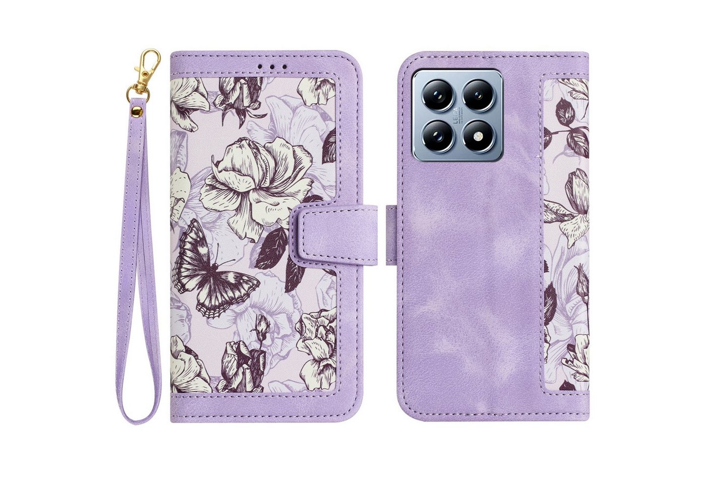Wigento Smartphone-Hülle Für Xiaomi 14T Kunstleder Wallet Blumen Design Handy Tasche Hülle Lila, Blumenmuster, Kartenfächer, Lanyard Wigento Smartphone-Hülle Für Xiaomi 14T Kunstleder Wallet Blumen Design Handy Tasche Hülle Lila, Blumenmuster, Kartenfächer, Lanyard von Wigento