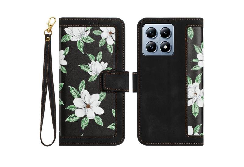 Wigento Smartphone-Hülle Für Xiaomi 14T Pro Kunstleder Book Wallet Blumen Tasche Hülle Schwarz, Blumenmuster, Kartenfächer, Lanyard von Wigento