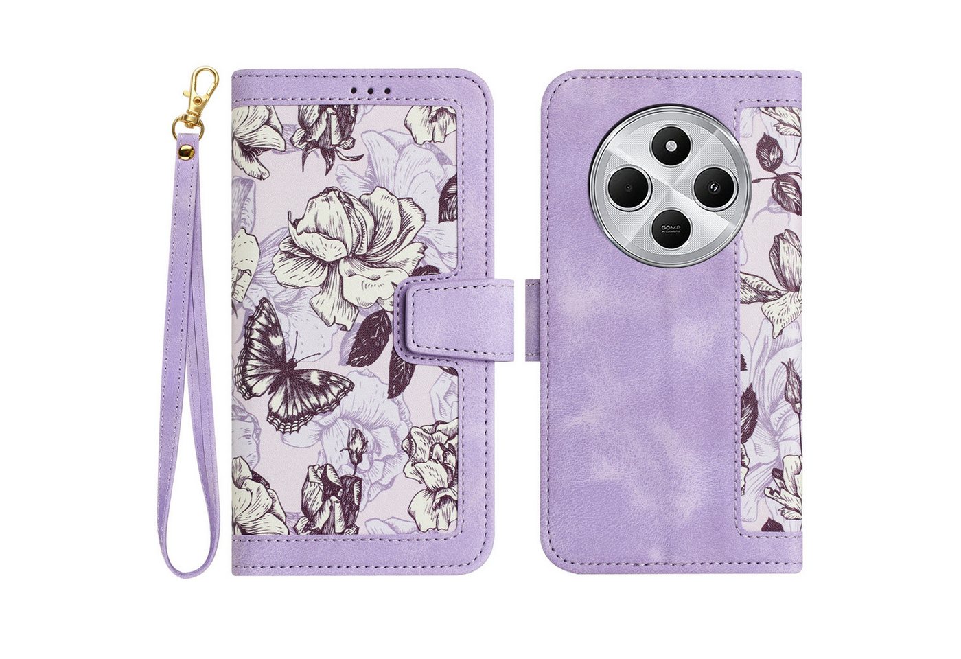 Wigento Smartphone-Hülle Für Xiaomi Redmi 14C 4G Kunstleder Wallet Blumen Tasche Hülle Lila, Blumenmuster, Kartenfächer, Lanyard Wigento Smartphone-Hülle Für Xiaomi Redmi 14C 4G Kunstleder Wallet Blumen Tasche Hülle Lila, Blumenmuster, Kartenfächer, Lanyard von Wigento