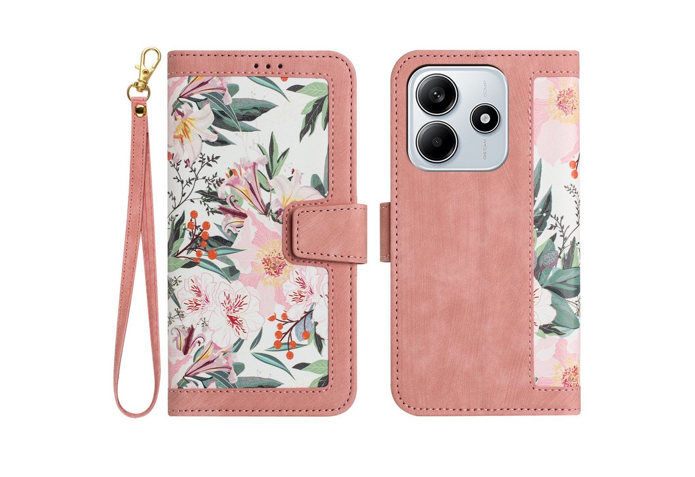 Wigento Smartphone-Hülle Für Xiaomi Redmi Note 14 5G Kunstleder Book Wallet Blumen Hülle Rosa, Blumenmuster, Kartenfächer, Lanyard Wigento Smartphone-Hülle Für Xiaomi Redmi Note 14 5G Kunstleder Book Wallet Blumen Hülle Rosa, Blumenmuster, Kartenfächer, Lanyard von Wigento