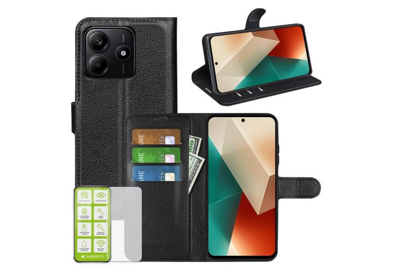 Wigento Smartphone-Hülle Für Xiaomi Redmi Note 14 5G Kunstleder Book Wallet Tasche + Hart Glas, Produktset Kunst-Leder Tasche + H9 Hart Glas von Wigento