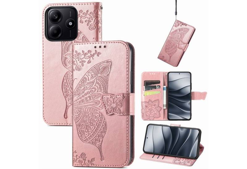 Wigento Smartphone-Hülle Für Xiaomi Redmi Note 14 5G Kunstleder Wallet Schmetterling Hülle Rosa, Kunst-Leder Schutzhülle Smart Case Cover magnetischer Verschluss von Wigento