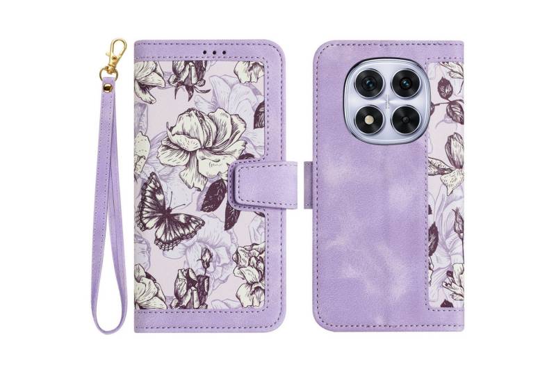 Wigento Smartphone-Hülle Für Xiaomi Redmi Note 14 Pro 5G Kunstleder Book Blumen Hülle Case Lila, Blumenmuster, Kartenfächer, Lanyard von Wigento