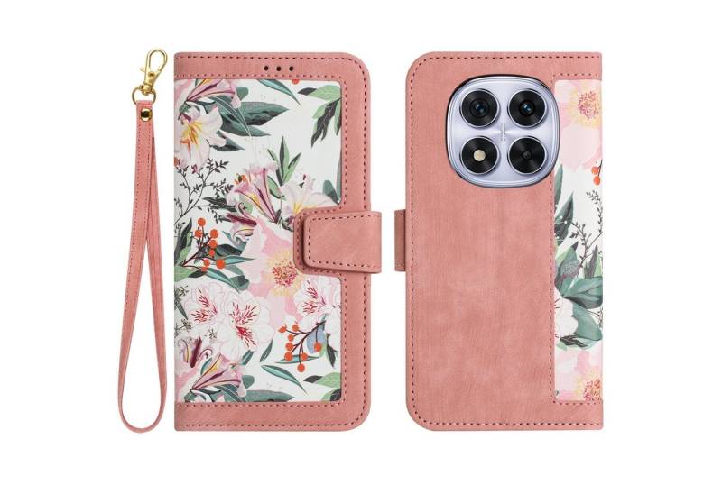 Wigento Smartphone-Hülle Für Xiaomi Redmi Note 14 Pro 5G Kunstleder Book Blumen Hülle Case Rosa, Blumenmuster, Kartenfächer, Lanyard von Wigento