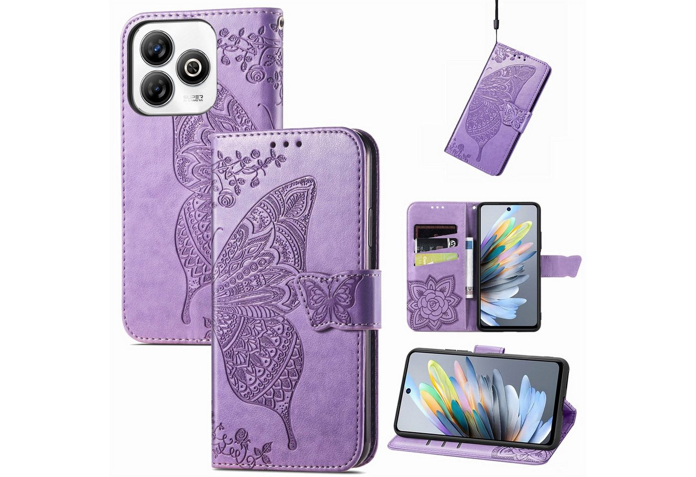 Wigento Smartphone-Hülle Für ZTE Blade A75 4G Kunstleder Schmetterling Hülle Tasche Hell-Lila, Kunst-Leder Schutzhülle Smart Case Cover magnetischer Verschluss Wigento Smartphone-Hülle Für ZTE Blade A75 4G Kunstleder Schmetterling Hülle Tasche Hell-Lila, Kunst-Leder Schutzhülle Smart Case Cover magnetischer Verschluss von Wigento
