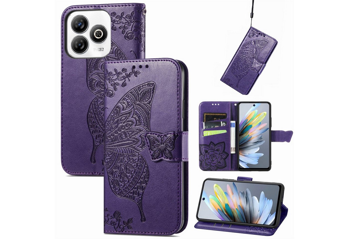 Wigento Smartphone-Hülle Für ZTE Blade A75 4G Kunstleder Schmetterling Wallet Hülle Tasche Lila, Kunst-Leder Schutzhülle Smart Case Cover magnetischer Verschluss Wigento Smartphone-Hülle Für ZTE Blade A75 4G Kunstleder Schmetterling Wallet Hülle Tasche Lila, Kunst-Leder Schutzhülle Smart Case Cover magnetischer Verschluss von Wigento