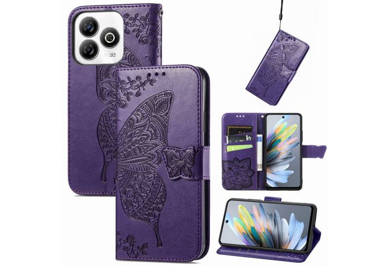 Wigento Smartphone-Hülle Für ZTE Blade A75 4G Kunstleder Schmetterling Wallet Hülle Tasche Lila, Kunst-Leder Schutzhülle Smart Case Cover magnetischer Verschluss von Wigento