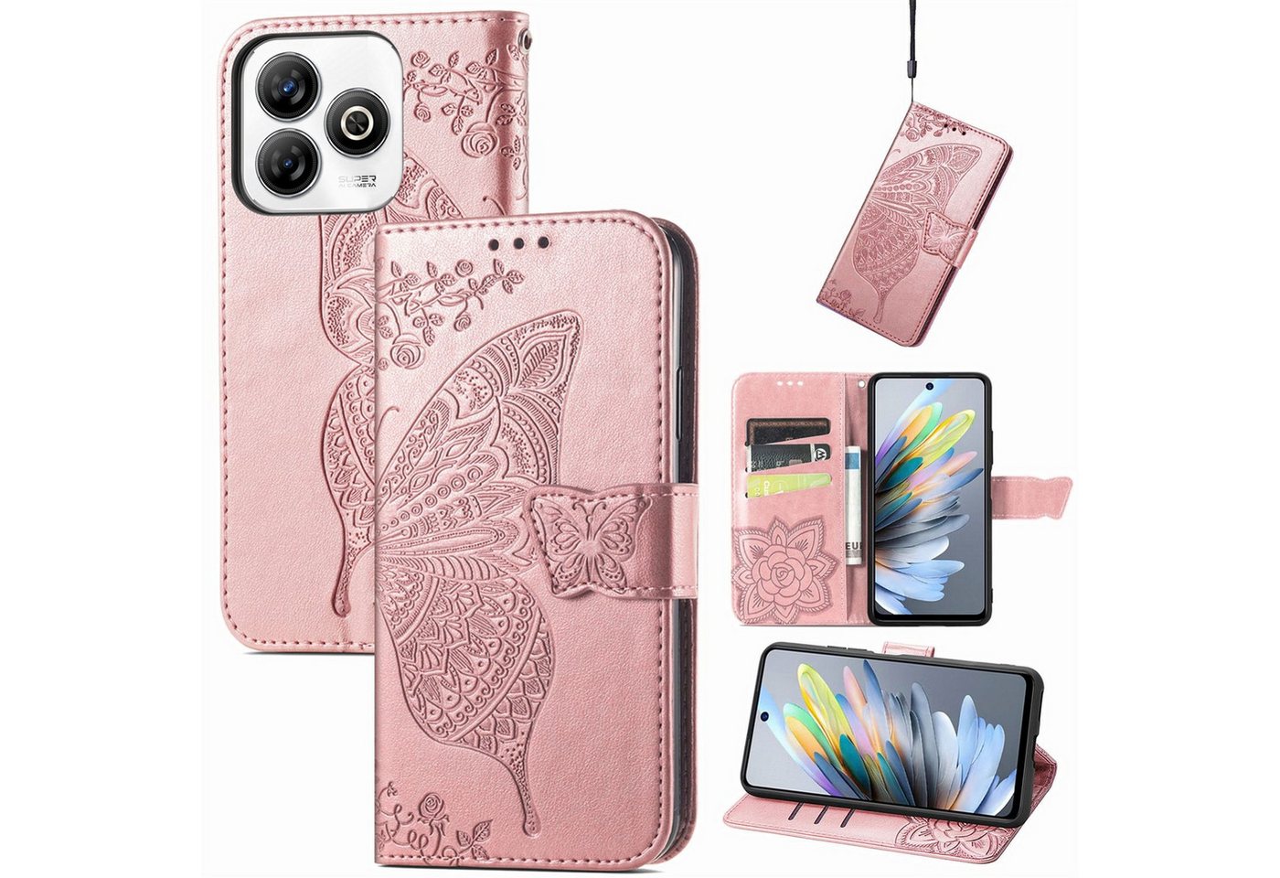 Wigento Smartphone-Hülle Für ZTE Blade A75 4G Kunstleder Schmetterling Wallet Hülle Tasche Rosa, Kunst-Leder Schutzhülle Smart Case Cover magnetischer Verschluss Wigento Smartphone-Hülle Für ZTE Blade A75 4G Kunstleder Schmetterling Wallet Hülle Tasche Rosa, Kunst-Leder Schutzhülle Smart Case Cover magnetischer Verschluss von Wigento