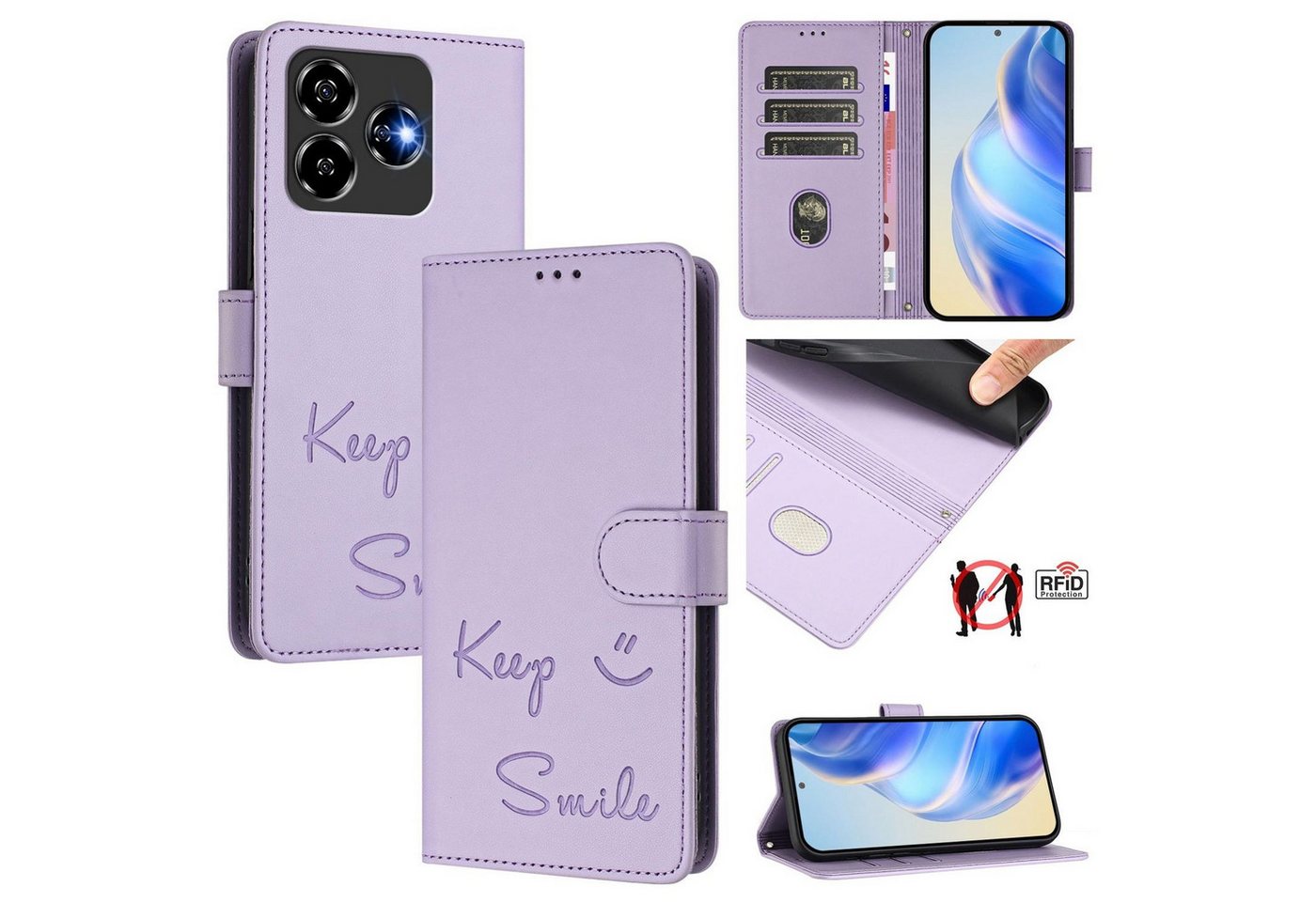 Wigento Smartphone-Hülle Für ZTE Blade V60 Vita / Axon 60 Lite Design Kunst Leder Hülle Lila, Design Kunstleder Hülle RFID-Schutz und praktischen Kartenfächern Wigento Smartphone-Hülle Für ZTE Blade V60 Vita / Axon 60 Lite Design Kunst Leder Hülle Lila, Design Kunstleder Hülle RFID-Schutz und praktischen Kartenfächern von Wigento