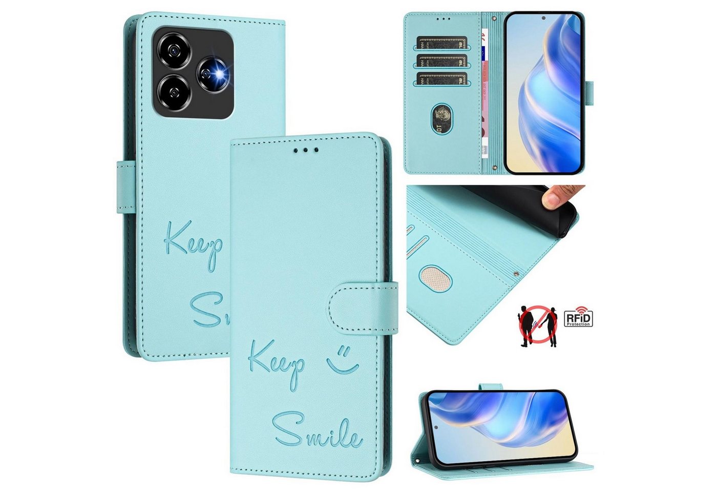 Wigento Smartphone-Hülle Für ZTE Blade V60 Vita / Axon 60 Lite Design Kunst Leder Hülle Türkis, Design Kunstleder Hülle RFID-Schutz und praktischen Kartenfächern von Wigento