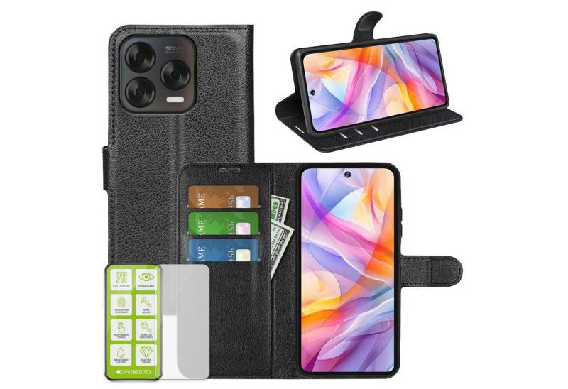 Wigento Smartphone-Hülle Für ZTE Blade V70 Vita Kunstleder Wallet Tasche Hülle + H9 Hart Glas, Produktset Kunst-Leder Tasche + H9 Hart Glas von Wigento