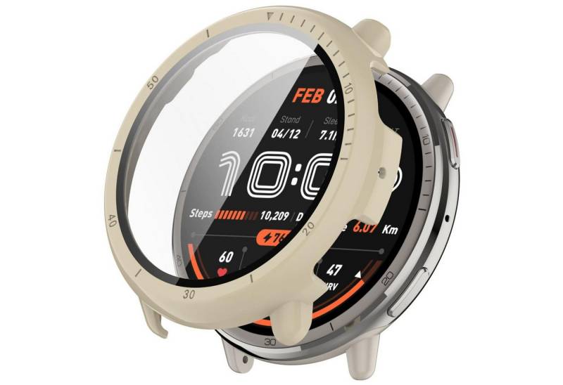 Wigento Smartwatch-Hülle Für Amazfit Active 2 Kunststoff PC Smart Hülle + 9H Hart Glas Beige, Schutzhülle aus PC + Hart Glas für Rundumschutz von Wigento