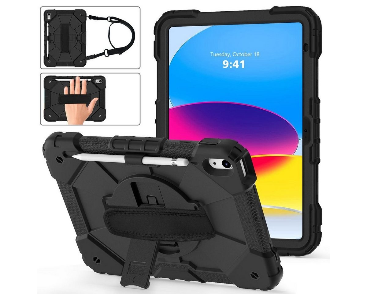 Wigento Tablet-Hülle Für Apple iPad 10.9 2022 10 Gen. 360 Grad aufstellbare Outdoor Hybrid Schwarz Tablet Tasche Etuis + Halteschlaufe von Wigento