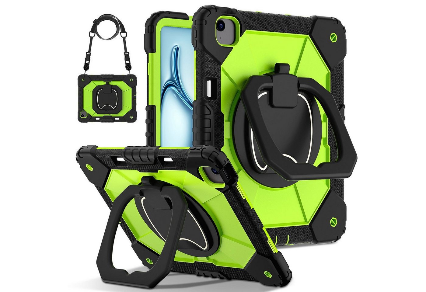 Wigento Tablet-Hülle Für Apple iPad Air 13 2025 / 2024 Robuste Hybrid 360 Grad Hülle Grün, Hybrid Schutzhülle Smart Case Cover mit Schultergurt von Wigento