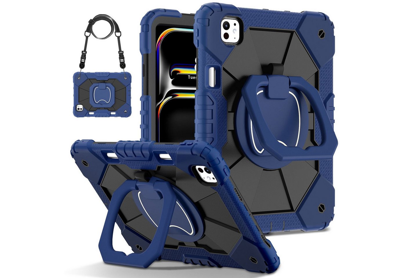 Wigento Tablet-Hülle Für Apple iPad Pro 11 2024 Robuste Hybrid 360 Grad Tasche Case Blau, Hybrid Schutzhülle Smart Case Cover mit Schultergurt von Wigento