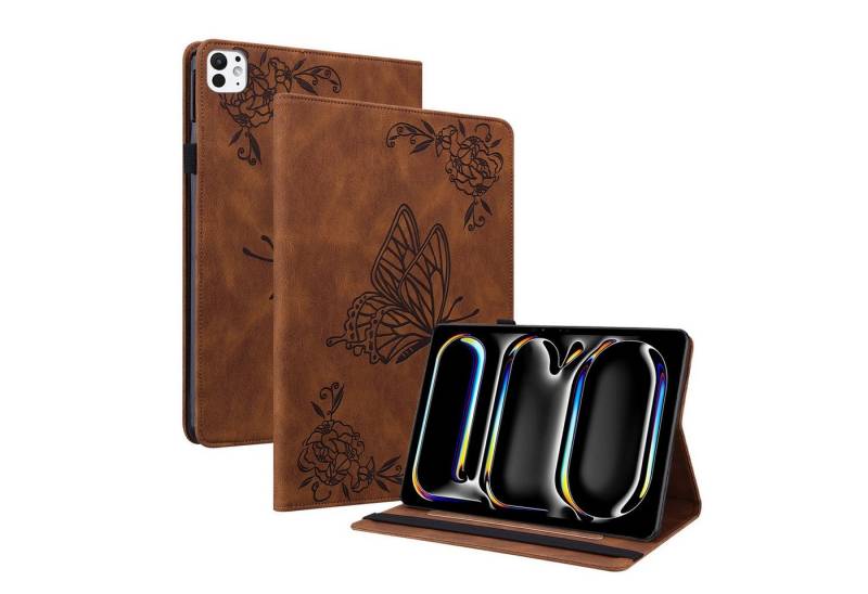 Wigento Tablet-Hülle Für Apple iPad Pro 11 2024 Schmetterling Kunstleder Hülle Tasche Braun, Kunstleder Schutzhülle Smart Case Design Cover von Wigento