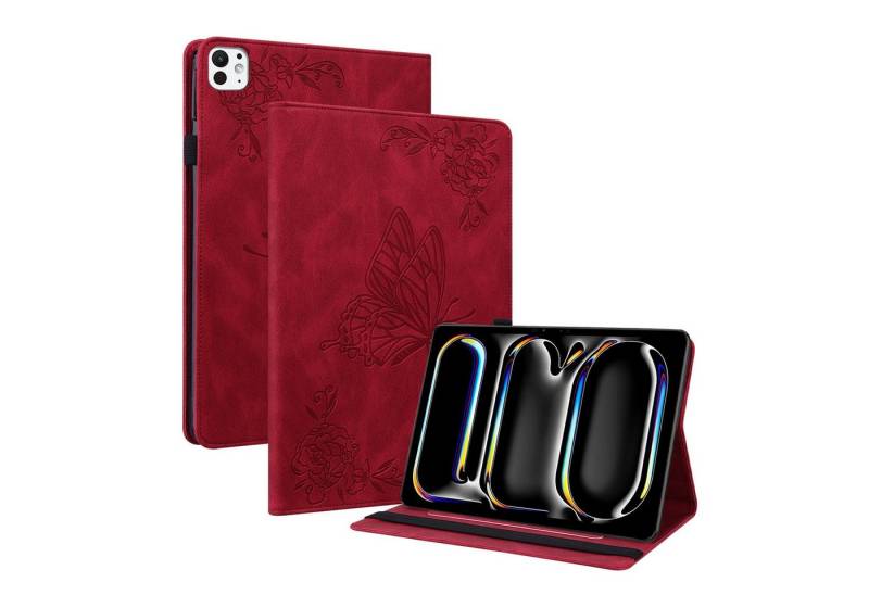Wigento Tablet-Hülle Für Apple iPad Pro 11 2024 Schmetterling Kunstleder Hülle Tasche Rot, Kunstleder Schutzhülle Smart Case Design Cover von Wigento