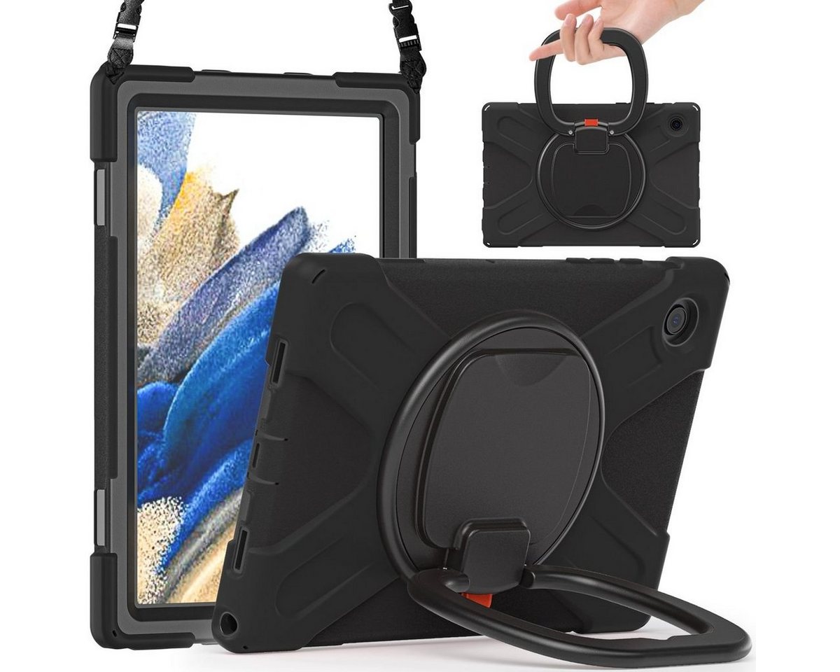 Wigento Tablet-Hülle Für Samsung Galaxy Tab A8 2021 X205 X200 aufstellbare Outdoor Hybrid Schwarz 360 Grad mit Trage Gurt Tablet Tasche Etuis Cover Case Schutz Robust Neu von Wigento