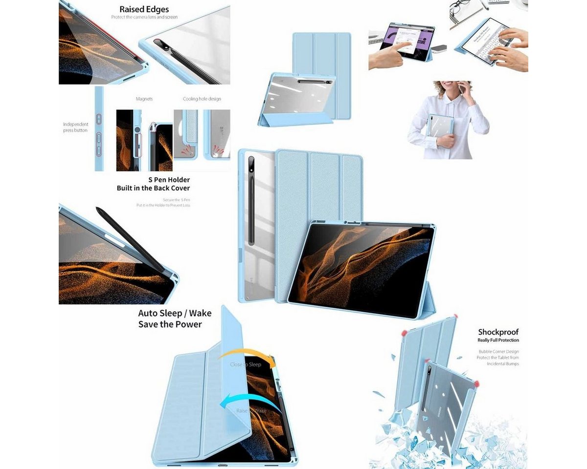 Wigento Tablet-Hülle Für Samsung Galaxy Tab S8 Ultra Tasche Blau Hülle Etuis Design Acryl Smart Cover Case Schutz Kappe aufstellen von Wigento