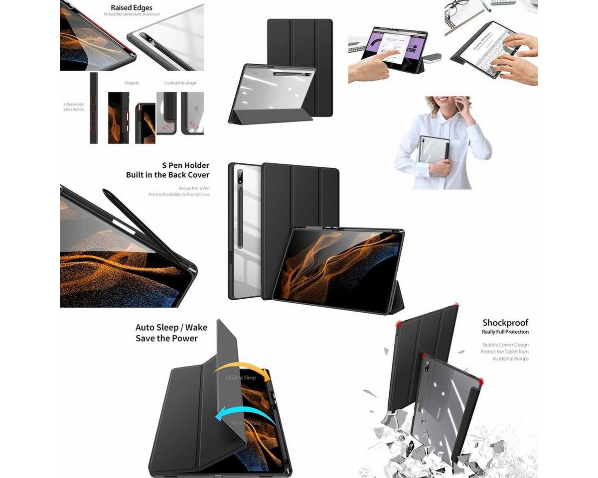 Wigento Tablet-Hülle Für Samsung Galaxy Tab S8 Ultra Tasche Schwarz Hülle Etuis Design Acryl Smart Cover Case Schutz Kappe aufstellen von Wigento
