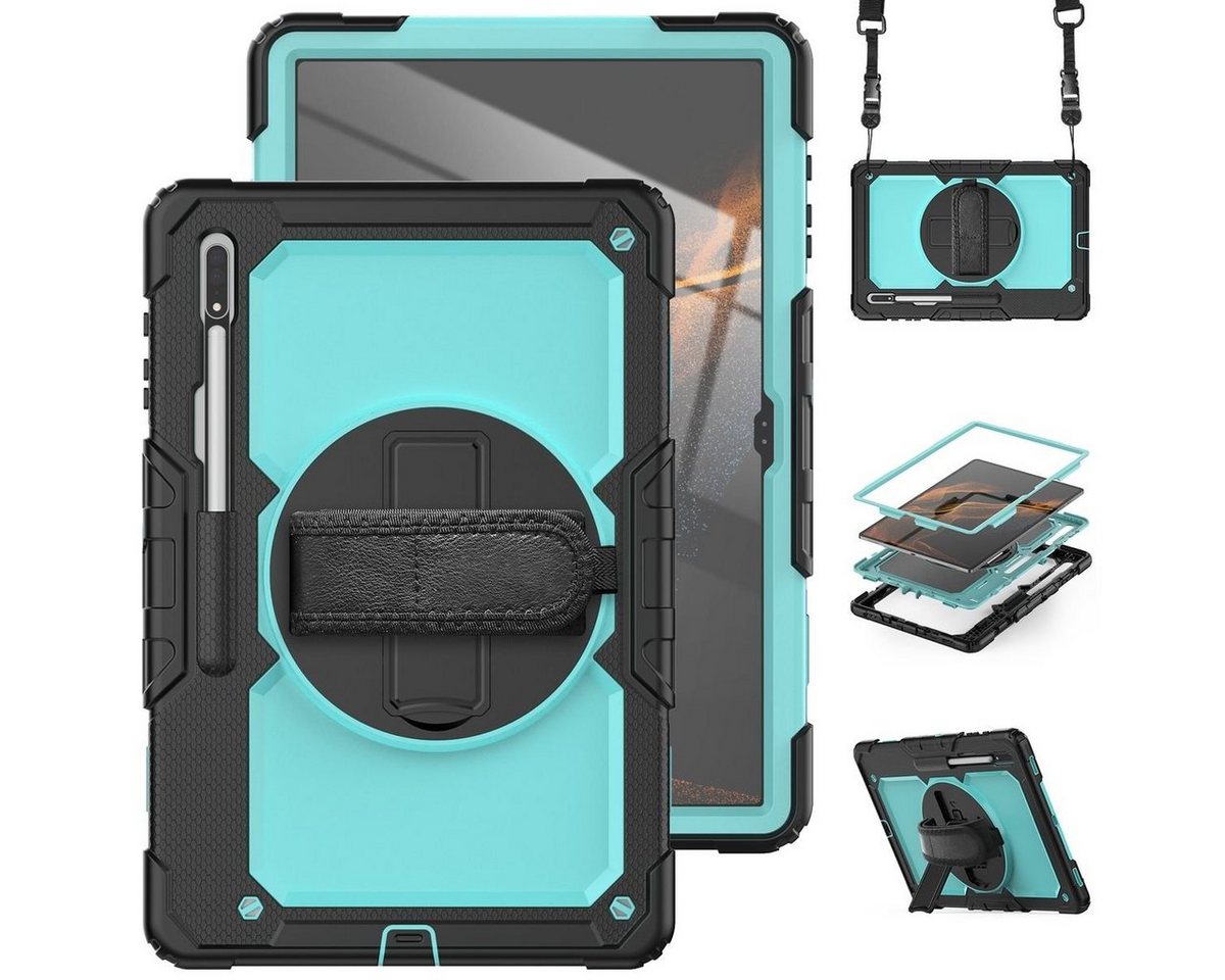 Wigento Tablet-Hülle Für Samsung Galaxy Tab S8 Ultra aufstellbare Outdoor Hybrid Hülle Hell Blau 360 Grad mit Trage Gurt Tablet Tasche Cover Case Schutz von Wigento