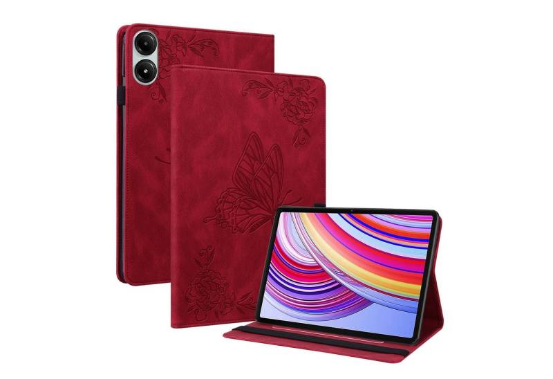Wigento Tablet-Hülle Für Xiaomi Redmi Pad Pro 12.1" Schmetterling Kunstleder Tasche Rot, Kunstleder Schutzhülle Smart Case Design Cover von Wigento