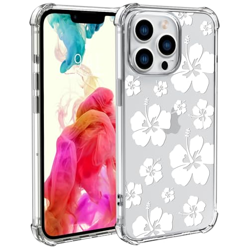 Wihytec Weiße Hibiskusblüte Handyhülle für iPhone 13 PRO Hibiskus Hülle Cover Clear Phone Case w/Four Corner Reinforced Shockproof Girly Women Transparent Preppy Phone Case von Wihytec