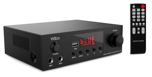 Wiibo AMP 100 HiFi-Verstärker – Bluetooth-Verbindung – USB-Eingang – Lineare Reaktion – Leistung 50 W + 50 W – 2 Mikrofoneingänge – LED-Display – Fernbedienung – Soundausrüstung von WIIBO ACOUSTICS