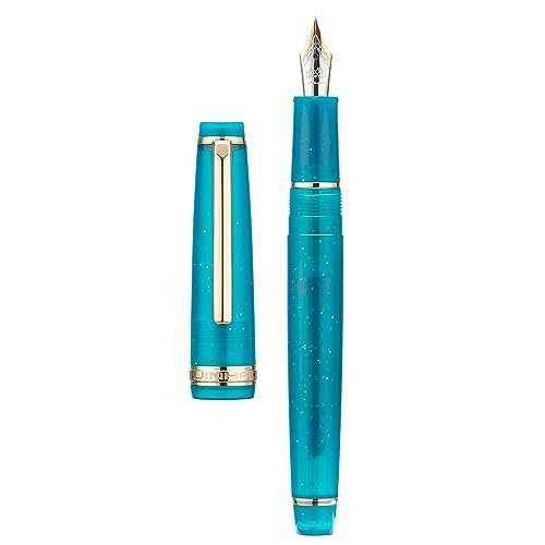 Jinhao 82 Acryl Füllfederhalter, Iridium Extra feine Feder mit Tintenkonverter, transparentes Pfauenblau fluoreszierendes klassisches Design, glattes Schreibstift (Goldrand) von Wikult