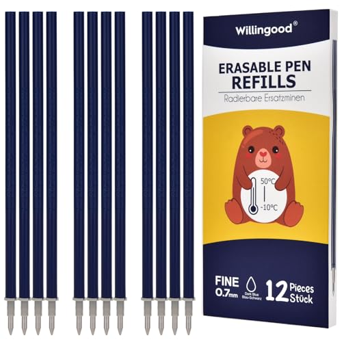 [12 Stück] - Willingood Radierbare Ersatzminen, Kompatibel mit Legami [Blauschwarze], Tintenroller Radierbar, Spitze 0,7 mm,Nachfu llminen mit radierbarer Tinte von Willingood