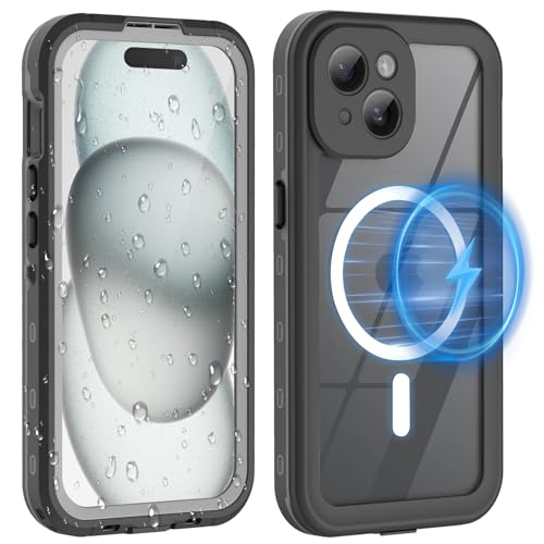 WindRen für iPhone 15 Hülle Wasserdicht für MagSafe, 360 Grad Outdoor Schutzhülle mit Displayschutz, Wasserfest Handyhülle Staubdicht Stoßfest Panzerhülle für iPhone 15 Case 6,1" - Schwarz von WindRen