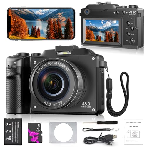 Digitalkamera 4K Kompaktkamera für Fotografie, 48MP Vlogging Kamera mit WiFi, Kostenlose 64GB SD Karte,18X Digitalzoom,Dual-Objektiv Selfie Funktion von Windancy