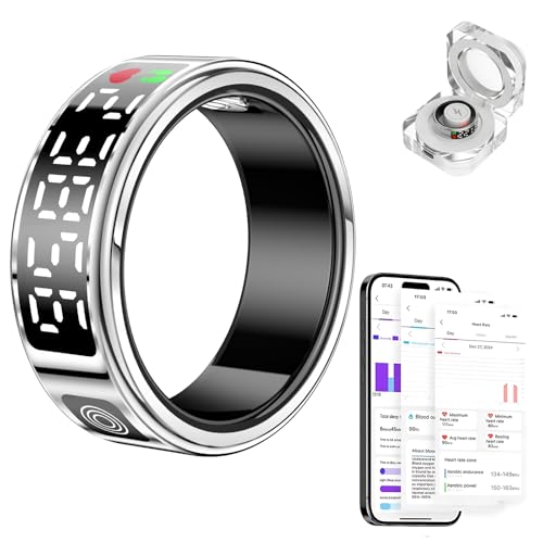 Smart Ring Smartring mit LED Anzeige, Fitness Ring für Herren Damen, Android iOS Fitness Ring Tracker Pulsmesser Schlafmonitor Schrittzähler Gesundheitsüberwachung (Silber, #12-21.5mm) von WingFly