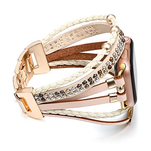 Wingoden Lederbänder, kompatibel mit Apple Watch 38 mm, 40 mm, 41 mm, für Damen und Herren, Boho, mehrlagig, Wickelnieten, Nieten, Apple Watch-Armband für iWatch-Armband, Ultra, Beige Wingoden Lederbänder, kompatibel mit Apple Watch 38 mm, 40 mm, 41 mm, für Damen und Herren, Boho, mehrlagig, Wickelnieten, Nieten, Apple Watch-Armband für iWatch-Armband, Ultra, Beige von Wingoden