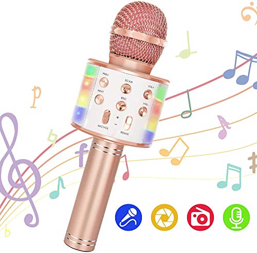 Tragbares Karaoke-Gerät mit drahtlosem Mikrofon, 5-in-1-Karaoke-Gerät Handheld-Mikrofon-Lautsprecher-Player-Rekorder mit steuerbaren LED-Leuchten, einstellbares Remix-FM-Radio für Weihnachten (Rosa) von Winique
