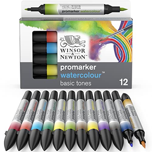 Winsor & Newton 0290165​ ProMarker Aquarellmarker - 2 Spitzen, Pinsel- und feiner Spitze, lichtecht, hochpigmentierte Aquarellfarben für Kalligrafie, Zeichnungen, 12 Farben Set Grundfarben von Winsor & Newton