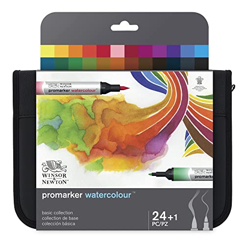 Winsor & Newton 0290171 ProMarker Aquarellmarker - 2 Spitzen, Pinsel- und feiner Spitze, lichtecht, hochpigmentierte Aquarellfarben im Marker für Kalligrafie, Zeichnungen, 24 Farben Set von Winsor & Newton