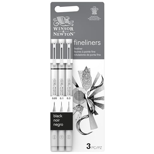 Winsor & Newton 0290178 Fineliner Set, 3 Pigment Liner für exakte Linien und Outlines, hohe Qualität, Pigmenttinte, dokumentenecht, lichtbeständig Linenbreite, 0.05 mm, 0.1 mm, 0.3 mm - schwarz von Winsor & Newton