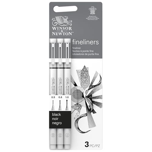 Winsor & Newton 0290179 Fineliner Set, 3 Pigment Liner für exakte Linien und Outlines, hohe Qualität, Pigmenttinte, dokumentenecht, lichtbeständig Linenbreite, 0.5 mm, 0.8 mm, 1.0 mm - schwarz von Winsor & Newton