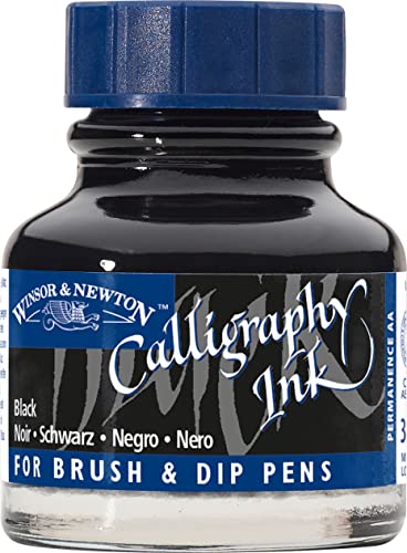 Winsor & Newton 1111030 Kalligraphie Tuschen (für Füllfederhalter oder Schreibfedern, untereinander mischbar, lichtecht, beständige Farbe) 30 ml Flasche schwarz von Winsor & Newton