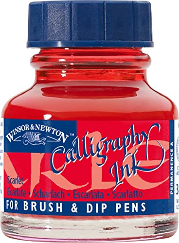 Winsor & Newton 1111601 Kalligraphie Tuschen (für Füllfederhalter oder Schreibfedern, untereinander mischbar, lichtecht, beständige Farbe) 30 ml Flasche scharlachrot von Winsor & Newton