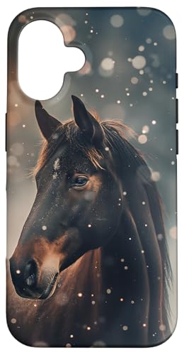 Hülle für iPhone 16 Pferd mit Schneeflocken Pferde Mädchen von Winter Reiten Schnee Pferdemotiv