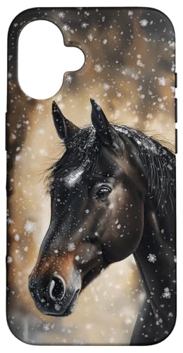 Hülle für iPhone 16 Pferd mit Schneeflocken Pferde Mädchen von Winter Reiten Schnee Pferdemotiv