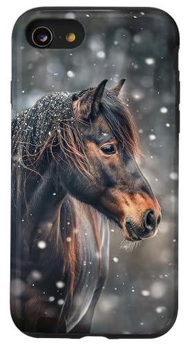 Hülle für iPhone SE (2020) / 7 / 8 Pferd mit Schneeflocken Pferde Mädchen von Winter Reiten Schnee Pferdemotiv