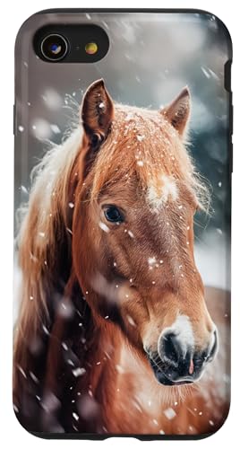 Hülle für iPhone SE (2020) / 7 / 8 Pferd mit Schneeflocken Pferde Mädchen von Winter Reiten Schnee Pferdemotiv