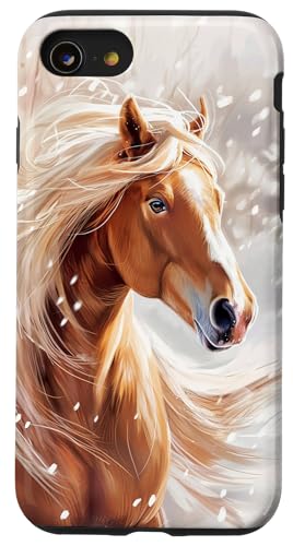Hülle für iPhone SE (2020) / 7 / 8 Pferd mit Schneeflocken Pferde Mädchen von Winter Reiten Schnee Pferdemotiv